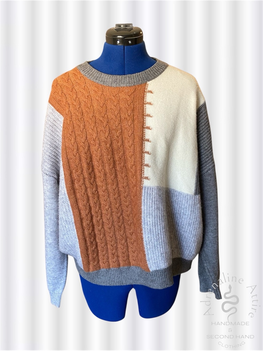 Debut Patchwork Cable-Knit Crewneck Sweater in Rust, Cream & Gray